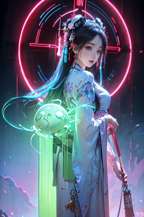 prompt:1 girl solo, <lora:SBGF:0.8>,perfect_hand, (8k, RAW photo, best quality, masterpiece:1.2), (realistic, photo-realistic:1.4), (extremely detailed CG unity 8k wallpaper), <lora:hanfu2.0:0.6>,hanfu, song, song dynasty, song clothing,,full body, (neon lights:1.2), machop, mechanical arms,