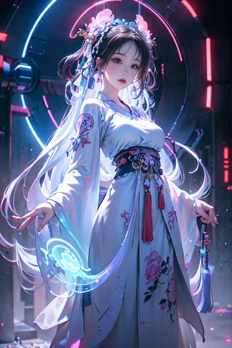 prompt:1 girl solo, <lora:SBGF:0.8>,perfect_hand, (8k, RAW photo, best quality, masterpiece:1.2), (realistic, photo-realistic:1.4), (extremely detailed CG unity 8k wallpaper), <lora:hanfu2.0:0.6>,hanfu, song, song dynasty, song clothing,,full body, (neon lights:1.2), machop, mechanical arms,