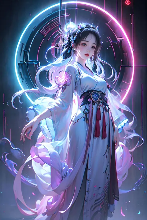 prompt:1 girl solo, <lora:SBGF:0.8>,perfect_hand, (8k, RAW photo, best quality, masterpiece:1.2), (realistic, photo-realistic:1.4), (extremely detailed CG unity 8k wallpaper), <lora:hanfu2.0:0.6>,hanfu, song, song dynasty, song clothing,,full body, (neon lights:1.2), machop, mechanical arms,