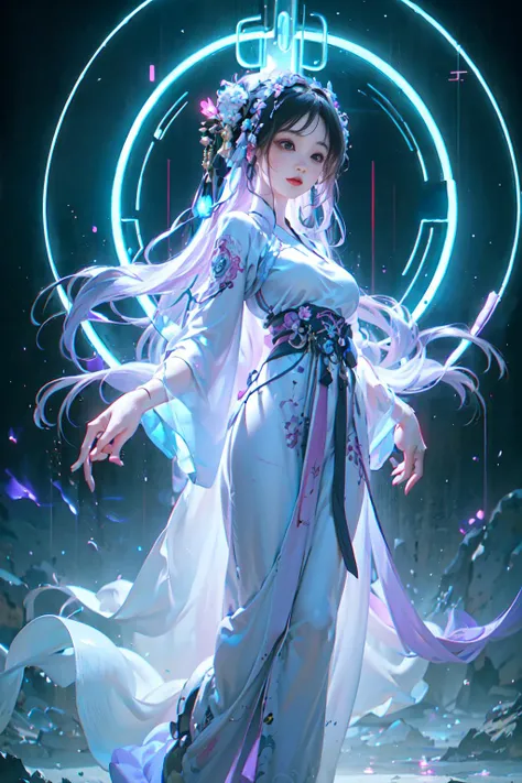 prompt:1 girl solo, <lora:SBGF:0.8>,perfect_hand, (8k, RAW photo, best quality, masterpiece:1.2), (realistic, photo-realistic:1.4), (extremely detailed CG unity 8k wallpaper), <lora:hanfu2.0:0.6>,hanfu, song, song dynasty, song clothing,,full body, (neon lights:1.2), machop, mechanical arms,