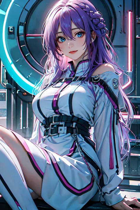 (best quality, masterpiece, RAW photo,ultra-detailed:1.2),1girl,solo, slight smile, looking at viewer,
,akiko_minase, long hair, purple hair, blue eyes, braid, single braid, hair intakes, hair over shoulder, mature female, huge breasts,sitting, from below, spread legs,
,hair between eyes , beautiful, <lyco:akiko_minase_DG:0.1> <lyco:DANWGFWL-01:0.8> neon light,
