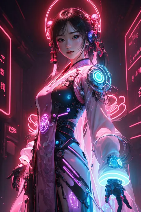 1 girl solo, perfect_hand, (8k, RAW photo, best quality, masterpiece:1.2), (realistic, photo-realistic:1.4), (extremely detailed CG unity 8k wallpaper),full body, (neon lights), machop, mechanical arms, hanfu, <lora:SBGF:0.6>,Chinese clothes, dress, pretty face,(dark shot:1.1), epic realistic,RAW, analog