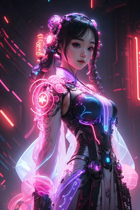 1 girl solo, perfect_hand, (8k, RAW photo, best quality, masterpiece:1.2), (realistic, photo-realistic:1.4), (extremely detailed CG unity 8k wallpaper),full body, (neon lights), machop, mechanical arms, hanfu, <lora:SBGF:0.6>,Chinese clothes, dress, pretty face,(dark shot:1.1), epic realistic,