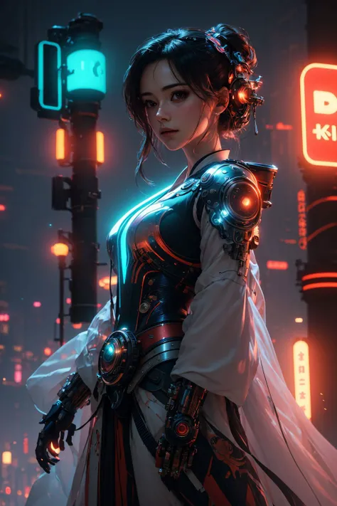 1 girl solo, perfect_hand, (8k, RAW photo, best quality, masterpiece:1.2), (realistic, photo-realistic:1.4), (extremely detailed CG unity 8k wallpaper),(full body), (neon lights), machop, mechanical arms, hanfu, <lora:SBGF:0.6>,Chinese clothes, dress, pretty face,(dark shot:1.1), epic realistic, RAW, analog, sharp focus, volumetric fog, 8k UHD, DSLR, high quality, film grain, Fujifilm XT3, art by greg rutkowski and artgerm, soft cinematic light, adobe lightroom, photolab, hdr, intricate, highly detailed, (depth of field:1.4), faded, (neutral colors:1.2), (hdr:1.4), (muted colors:1.2), hyperdetailed, (artstation:1.4), cinematic, warm lights, dramatic light, (intricate details:1.1), complex background, (rutkowski:0.66), (teal and orange:0.4),