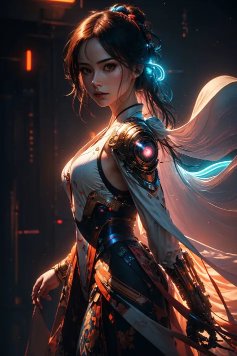 1 girl solo, perfect_hand, (8k, RAW photo, best quality, masterpiece:1.2), (realistic, photo-realistic:1.4), (extremely detailed CG unity 8k wallpaper),(full body), (neon lights), machop, mechanical arms, hanfu, <lora:SBGF:0.6>,Chinese clothes, dress, pretty face,(dark shot:1.1), epic realistic, RAW, analog, sharp focus, volumetric fog, 8k UHD, DSLR, high quality, film grain, Fujifilm XT3, art by greg rutkowski and artgerm, soft cinematic light, adobe lightroom, photolab, hdr, intricate, highly detailed, (depth of field:1.4), faded, (neutral colors:1.2), (hdr:1.4), (muted colors:1.2), hyperdetailed, (artstation:1.4), cinematic, warm lights, dramatic light, (intricate details:1.1), complex background, (rutkowski:0.66), (teal and orange:0.4), dynamic pose