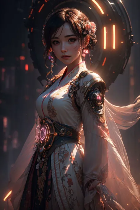 1 girl solo, perfect_hand, (8k, RAW photo, best quality, masterpiece:1.2), (realistic, photo-realistic:1.4), (extremely detailed CG unity 8k wallpaper),(full body), (neon lights), machop, mechanical arms, hanfu, <lora:SBGF:0.6>,Chinese clothes, dress, pretty face,(dark shot:1.1), epic realistic, RAW, analog, sharp focus, volumetric fog, 8k UHD, DSLR, soft cinematic light, adobe lightroom, photolab, hdr, intricate, highly detailed, (depth of field:1.4), faded, (neutral colors:1.2), (hdr:1.4), (muted colors:1.2), hyperdetailed, (artstation:1.4), cinematic, warm lights, dramatic light, (intricate details:1.1), complex background, (rutkowski:0.66), (teal and orange:0.4), dynamic pose