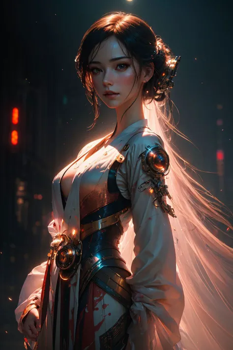 1 girl solo, perfect_hand, (8k, RAW photo, best quality, masterpiece:1.2), (realistic, photo-realistic:1.4), (extremely detailed CG unity 8k wallpaper),full body, (neon lights), machop, mechanical arms, hanfu, <lora:SBGF:0.6>,Chinese clothes, dress, pretty face,(dark shot:1.1), epic realistic, RAW, analog, masterpiece that captures the essence and beauty of the woman,sharp focus, volumetric fog, 8k UHD, DSLR, high quality, art by greg rutkowski and artgerm, soft cinematic light, highly detailed, (depth of field:1.4), faded, (neutral colors:1.2), (hdr:1.4), (muted colors:1.2), hyperdetailed, (artstation:1.4), cinematic, warm lights, dramatic light, (intricate details:1.1), complex background, (rutkowski:0.66), (teal and orange:0.4), (natural skin texture, hyperrealism, soft light, sharp)