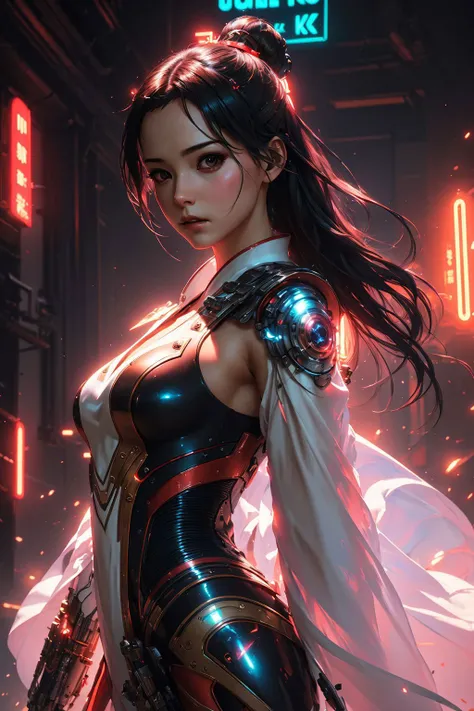1 girl solo, perfect_hand, (8k, RAW photo, best quality, masterpiece:1.2), (realistic, photo-realistic:1.4), (extremely detailed CG unity 8k wallpaper),full body, (neon lights), machop, mechanical arms, hanfu, <lora:SBGF:0.6>,Chinese clothes, dress, pretty face,(dark shot:1.1), , analog,sharp focus, high quality, adobe lightroom,art by greg rutkowski and artgerm,