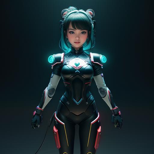 A woman in a futuristic suit with a cat ear and a glowing head - SeaArt AI