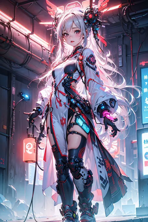 1 girl solo, perfect_hand, (8k, RAW photo, best quality, masterpiece:1.2), (realistic, photo-realistic:1.4), (extremely detailed CG unity 8k wallpaper),full body, (neon lights:1.2), machop, mechanical arms,mecha, hanfu, <lora:SBGF:0.7>,Chinese clothes, dress,