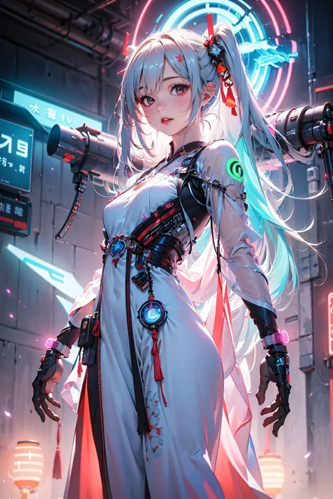 1 girl solo, perfect_hand, (8k, RAW photo, best quality, masterpiece:1.2), (realistic, photo-realistic:1.4), (extremely detailed CG unity 8k wallpaper),full body, (neon lights:1.2), machop, mechanical arms,mecha, hanfu, <lora:SBGF:0.7>,Chinese clothes, dress,