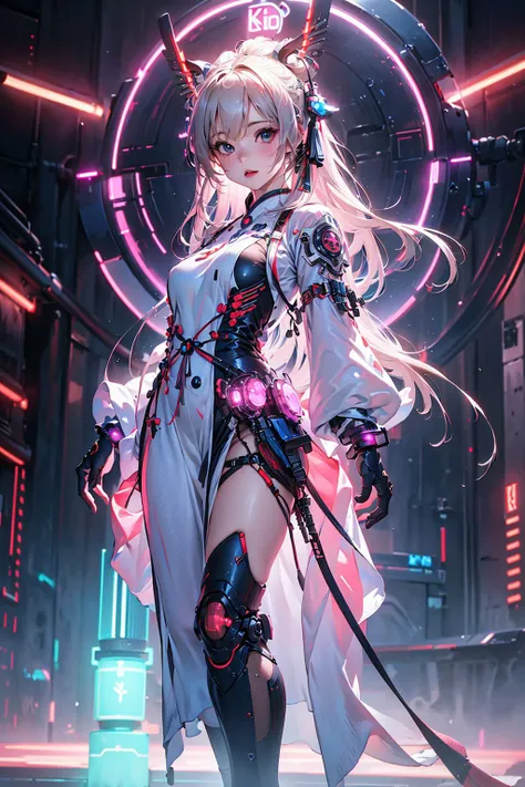 1 girl solo, perfect_hand, (8k, RAW photo, best quality, masterpiece:1.2), (realistic, photo-realistic:1.4), (extremely detailed CG unity 8k wallpaper),full body, (neon lights:1.2), machop, mechanical arms,mecha, hanfu, <lora:SBGF:0.7>,Chinese clothes, dress,