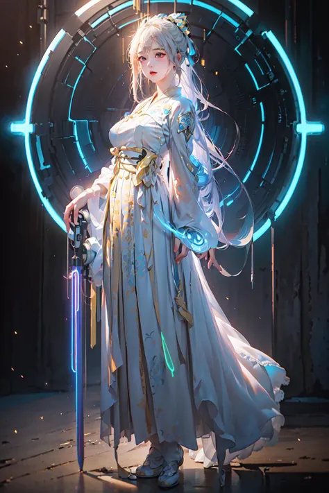 1 girl solo, <lora:SBGF:0.8>,(Bright eyes),(Blue and white pleated skirt,White Uesugi,Yellow lace),<lora:tangStyle26:0.4>,hanfu,Clear facial features,outdoor,perfect_hand, (8k, RAW photo, best quality, masterpiece:1.2), (realistic, photo-realistic:1.4), (extremely detailed CG unity 8k wallpaper),full body, (neon lights:1.3), machop, (mechanical arms:1.2)