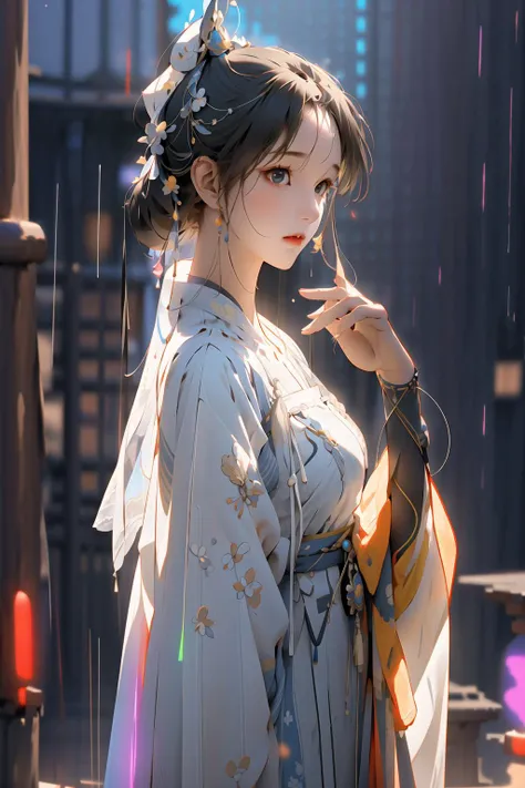 1 girl solo, Close-up of the shot, <lora:DANWGFWL-01:0.8>,(Bright eyes),(Blue and white pleated skirt,White Uesugi,Yellow lace),<lora:hanfuTang_v35:0.4>,hanfu,Clear facial features,outdoor,perfect_hand, (8k, RAW photo, best quality, masterpiece:1.2), (realistic, photo-realistic:1.4), (extremely detailed CG unity 8k wallpaper),full body, (neon lights:1.4), machop,mechanical arms