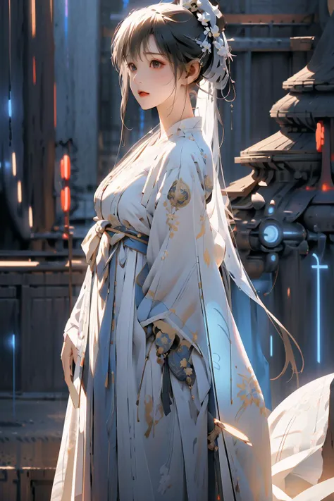 1 girl solo, Close-up of the shot, <lora:DANWGFWL-01:0.8>,(Bright eyes),(Blue and white pleated skirt,White Uesugi,Yellow lace),<lora:hanfuTang_v35:0.4>,hanfu,Clear facial features,outdoor,perfect_hand, (8k, RAW photo, best quality, masterpiece:1.2), (realistic, photo-realistic:1.4), (extremely detailed CG unity 8k wallpaper),full body, (neon lights:1.4), machop,mechanical arms