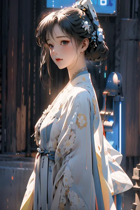 1 girl solo, Close-up of the shot, <lora:DANWGFWL-01:0.8>,(Bright eyes),(Blue and white pleated skirt,White Uesugi,Yellow lace),<lora:hanfuTang_v35:0.4>,hanfu,Clear facial features,outdoor,perfect_hand, (8k, RAW photo, best quality, masterpiece:1.2), (realistic, photo-realistic:1.4), (extremely detailed CG unity 8k wallpaper),full body, (neon lights:1.4), machop,mechanical arms