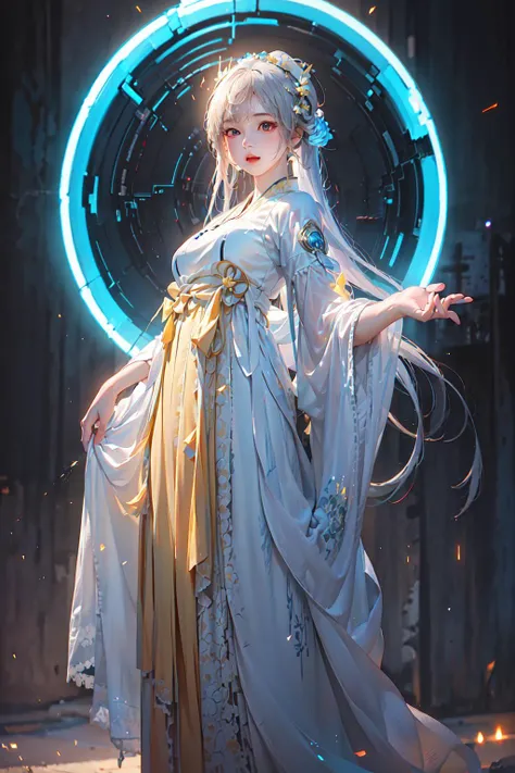 1 girl solo, <lora:SBGF:0.8>,(Bright eyes),(Blue and white pleated skirt,White Uesugi,Yellow lace),<lora:tangStyle26:0.4>,hanfu,Clear facial features,outdoor,perfect_hand, (8k, RAW photo, best quality, masterpiece:1.2), (realistic, photo-realistic:1.4), (extremely detailed CG unity 8k wallpaper),full body, (neon lights:1.2), machop, mechanical arms,