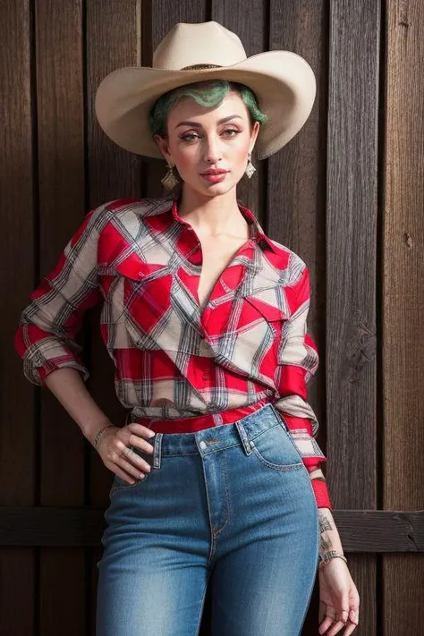 DEN_avrora_stylerotica,
country beauty posing against a wooden fence with a plaid shirt and jeans and a cowboy hat, cow girl, country girl, cow girl,
bokeh, f1.4, 40mm, photorealistic, raw, 8k, textured skin, skin pores, intricate details  <lora:epi_noiseoffset2:1>, epiCRealism <lora:ClothingAdjuster3:-1>