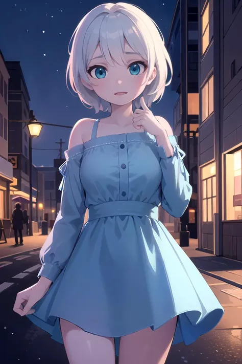 (best quality, masterpiece:1.2), NSFW, photon mapping, radiosity, physically-based rendering, best quality, highly detailed, 1girl, felsa, big eyes, aqua eyes, blue theme, outdoor, snow, street, shop, night, street light, blue dress, looking at the viewer,  <lora:elsaFrozenLoHa:0.5>