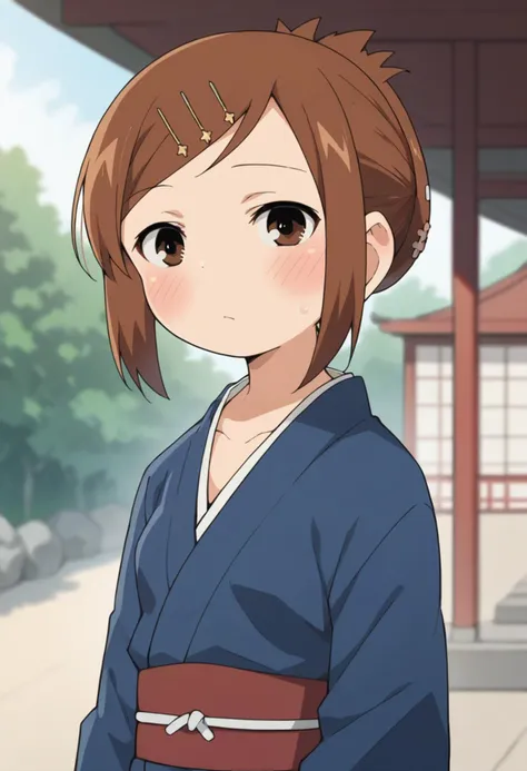 score_9, score_8_up, score_8, source_anime, 1girl, <lora:Miyashita:0.95> solo, brown eyes, brown hair, hair ornament, hairclip, short hair, blue kimono, blush, looking at viewer, 
japanese shrine background, blurry background,