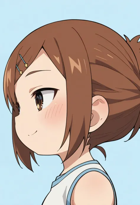 score_9, score_8_up, score_8, source_anime, 1girl, chibi, <lora:Miyashita:0.8> solo, brown hair, blush, hair ornament, hairclip, brown eyes, short hair, smile, white shirt, sleeveless, side view, upper body, 
simple background, light blue background,