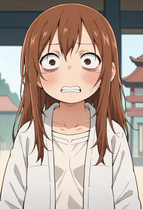 score_9, score_8_up, score_8, source_anime, 1girl, <lora:Miyashita:0.95> solo, brown eyes, brown hair, long hair, loose hair, white jacket, blush, teeth, shocked, constricted pupils, looking at viewer, 
japanese shrine background, blurry background,