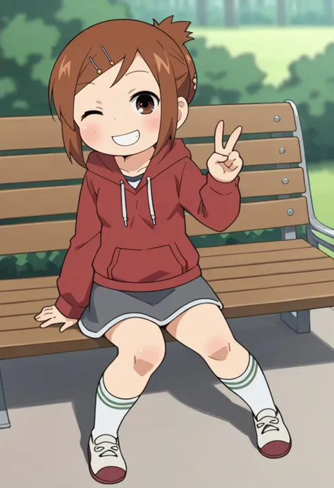 score_9, score_8_up, score_8, source_anime, 1girl, chibi, <lora:Miyashita:0.8> solo, brown eyes, brown hair, short hair, hairclip, red hoodie, gray skirt, socks, shoes, blush, smile, happy, looking at viewer, full body, winking, sitting on bench, v sign,
forest background, blurry background,