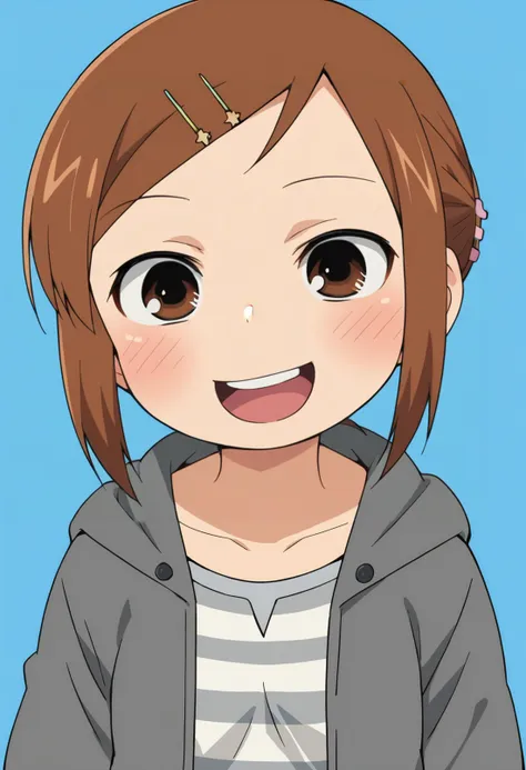 score_9, score_8_up, score_8, source_anime, 1girl, <lora:Miyashita:0.9> solo, brown hair, hair ornament, hairclip, brown eyes, short hair, gray hoodie, striped shirt, blush, looking at viewer, upper body, happy, laugh, 
simple background, light blue background,