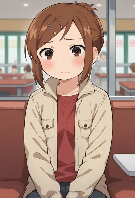 score_9, score_8_up, score_8, source_anime, 1girl, <lora:Miyashita:0.8> solo, brown hair, hair bun, hair ornament, hairclip, brown eyes, short hair, beige jacket, red shirt, looking at viewer, embarrassed, blush, sitting,
restaurant, blurry background,