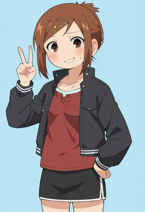 score_9, score_8_up, score_8, source_anime, 1girl, <lora:Miyashita:0.9> solo, brown eyes, brown hair, hair ornament, hairclip, short hair, black jacket, red shirt, black skirt, embarrassed, smile, from front, v sign,
simple background, light blue background,