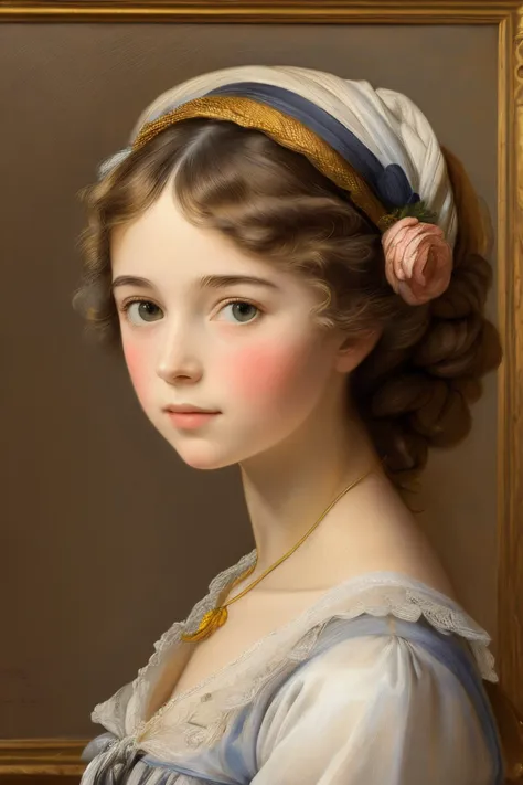 a painting of a young girl with a blue dress and a white headband