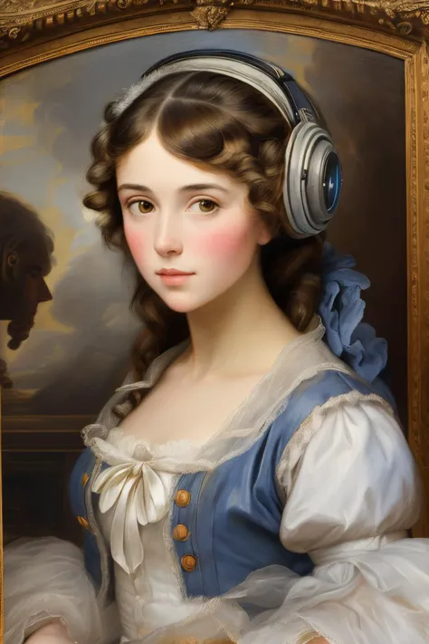 a close up of a painting of a woman with headphones on