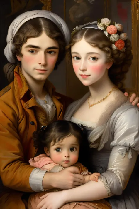 a painting of a couple and a child posing for a picture