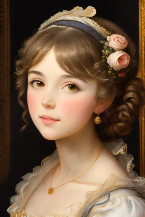 a painting of a young girl with a flower in her hair