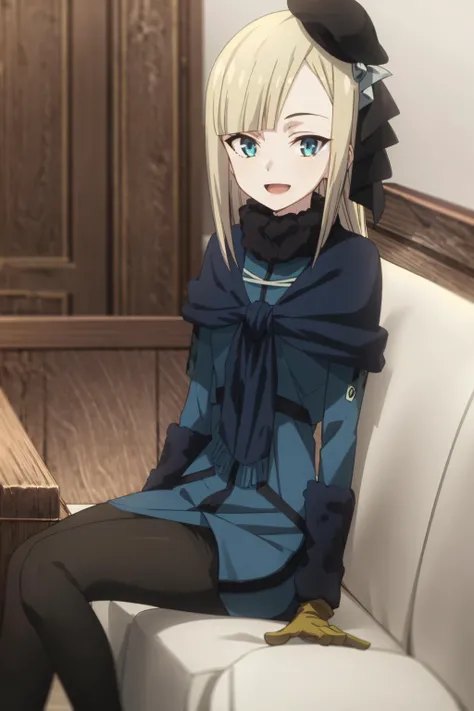 best quality, (masterpiece:1.2), detailed,
<lora:chara_FateLordElMelloi_ReinesEl-MelloiArchisorte_v1:0.9>, reines el-melloi archisorte,
1girl, solo, open mouth, light smile,
blonde hair, blue eyes, long hair, blunt bangs,
blue dress, black beret, brown gloves, fur collar, black ribbon, blue scarf, black pantyhose,
sitting, couch, looking at the viewer,
indoors