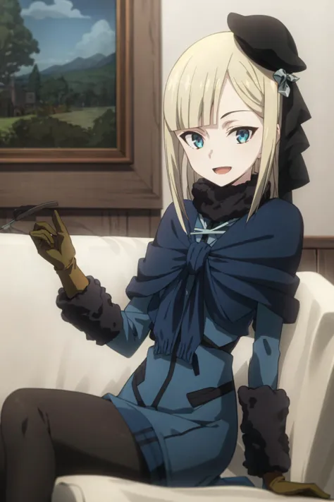 best quality, (masterpiece:1.2), detailed,
<lora:chara_FateLordElMelloi_ReinesEl-MelloiArchisorte_v1:0.9>, reines el-melloi archisorte,
1girl, solo, open mouth, light smile,
blonde hair, blue eyes, long hair, blunt bangs,
blue dress, black beret, brown gloves, fur collar, black ribbon, blue scarf, black pantyhose,
sitting, couch, looking at the viewer,
indoors
