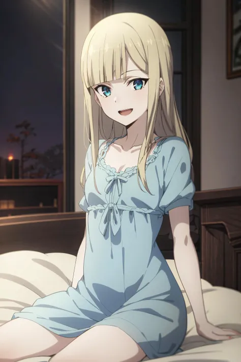 best quality, (masterpiece:1.2), detailed,
<lora:chara_FateLordElMelloi_ReinesEl-MelloiArchisorte_v1:0.8>, reines el-melloi archisorte,
1girl, solo, open mouth, light smile,
blonde hair, blue eyes, long hair, blunt bangs,
(nightgown:1.2),
sitting, on bed, looking at the viewer,
indoors, night