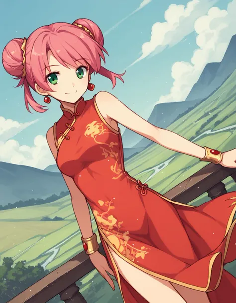 score_9, score_8_up, score_7_up, source_anime,
lennacharlottetycoon, <lora:lenna-charlotte-tycoon-ponyxl-lora-nochekaiser:1>,
short hair, green eyes, pink hair,
chineselenna, dress, bare shoulders, jewelry, earrings, hair bun, double bun, chinese clothes, china dress,
outdoors, landscape, smile,
looking at viewer, solo, cowboy shot, dutch angle,