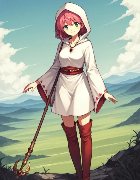 score_9, score_8_up, score_7_up, source_anime,
lennacharlottetycoon, <lora:lenna-charlotte-tycoon-ponyxl-lora-nochekaiser:1>,
short hair, green eyes, pink hair,
whitemagelenna, red prints, jewelry, boots, hood, wide sleeves, necklace, thigh boots, staff, robe, white robe, white mage,
outdoors, landscape, smile,
looking at viewer, solo, cowboy shot, dutch angle,