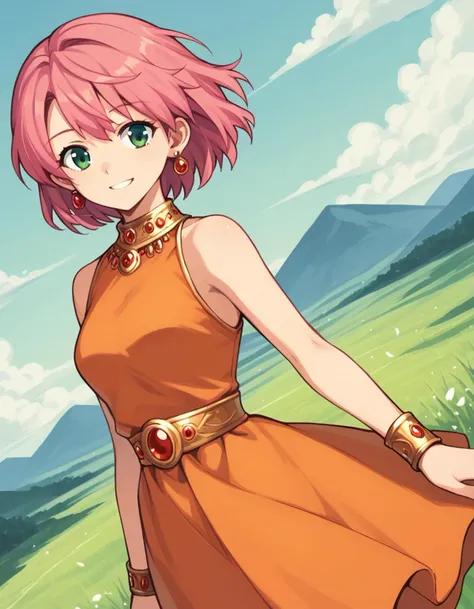 score_9, score_8_up, score_7_up, source_anime,
lennacharlottetycoon, <lora:lenna-charlotte-tycoon-ponyxl-lora-nochekaiser:1>,
short hair, green eyes, pink hair,
normlenna, dress, jewelry, earrings, sleeveless, bracelet, orange skirt, orange shirt, orange dress,
outdoors, landscape, smile,
looking at viewer, solo, cowboy shot, dutch angle,