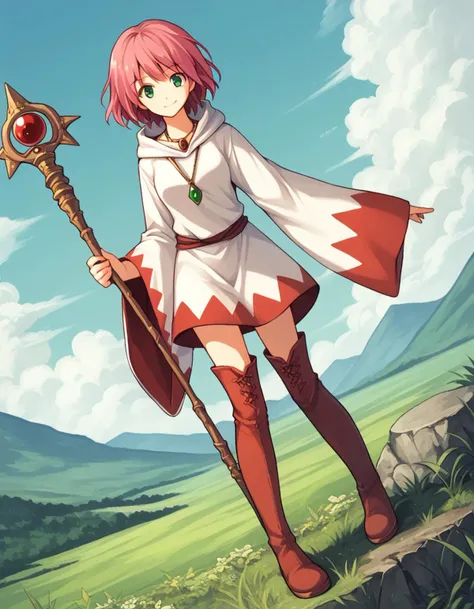score_9, score_8_up, score_7_up, source_anime,
lennacharlottetycoon, <lora:lenna-charlotte-tycoon-ponyxl-lora-nochekaiser:1>,
short hair, green eyes, pink hair,
whitemagelenna, red prints, jewelry, boots, hood, wide sleeves, necklace, thigh boots, staff, robe, white robe, white mage,
outdoors, landscape, smile,
looking at viewer, solo, cowboy shot, dutch angle,