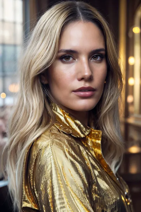 portrait photo of ebg,(wearing all gold shirt), (dirty blonde hair), alluring portrait, intricate, highly detailed, digital painting, artstation, concept art, naughty, sharp focus, cinematic lighting, illustration, art by artgerm and greg rutkowski, alphonse mucha, cgsociety <lora:EvaBargiela-RealVision-V1.0:1>