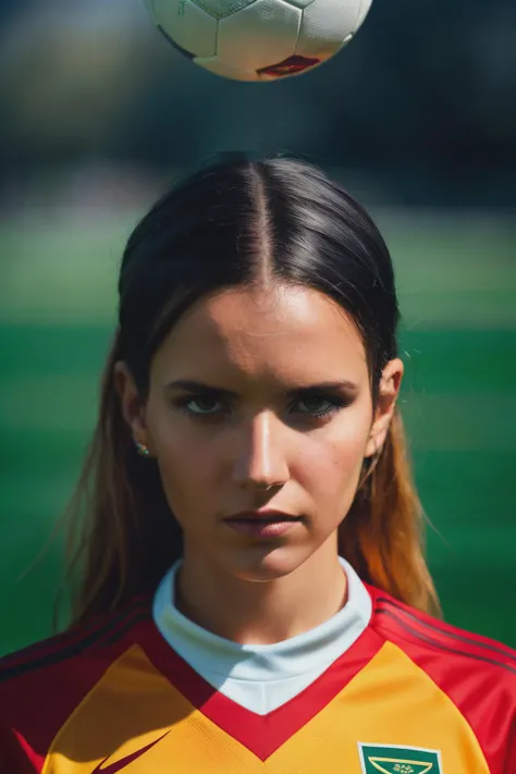 A stunning intricate full color portrait of ebg, wearing a female soccer outfit, epic character composition, by ilya kuvshinov, alessio albi, nina masic, sharp focus, natural lighting, subsurface scattering, f2, 35mm,<lora:EvaBargiela-RealVision-V1.0:1>