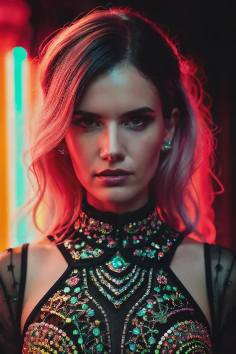 A stunning intricate full color up close portrait of ebg, wearing neon ballroom gown, epic character composition, by ilya kuvshinov, alessio albi, nina masic, sharp focus, natural lighting, subsurface scattering, f2, 35mm,<lora:EvaBargiela-RealVision-V1.0:1>