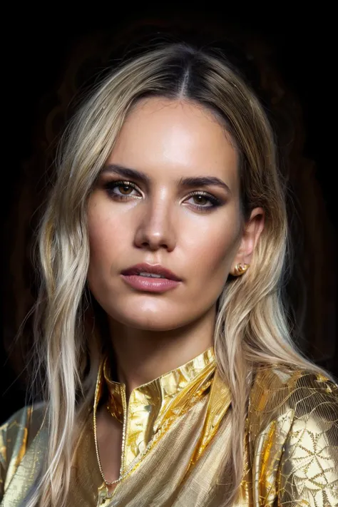 portrait photo of ebg,(wearing all gold shirt), (dirty blonde hair), alluring portrait, intricate, highly detailed, digital painting, artstation, concept art, naughty, sharp focus, cinematic lighting, illustration, art by artgerm and greg rutkowski, alphonse mucha, cgsociety <lora:EvaBargiela-RealVision-V1.0:1>