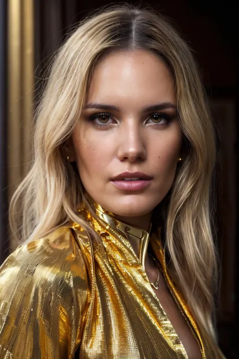 portrait photo of ebg,(wearing all gold shirt), (dirty blonde hair), alluring portrait, intricate, highly detailed, digital painting, artstation, concept art, naughty, sharp focus, cinematic lighting, illustration, art by artgerm and greg rutkowski, alphonse mucha, cgsociety <lora:EvaBargiela-RealVision-V1.0:1>