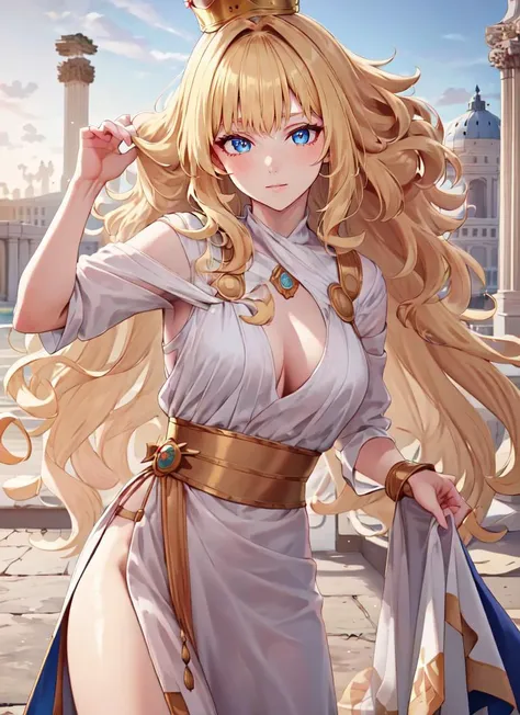 ((best quality)), ((highly detailed)), masterpiece, absurdres, detailed face, beautiful face, (detailed eyes, deep eyes), (1girl), dynamic pose, upper body, <lora:RomanClothes:1>, ancient roman clothes, sash, roman armor, princess, ((very long hair)), <lora:big_hair-1.0:1>, big hair, curly hair, blonde hair, large dress, (maxiskirt), crown, (outside, in a palace, midday)