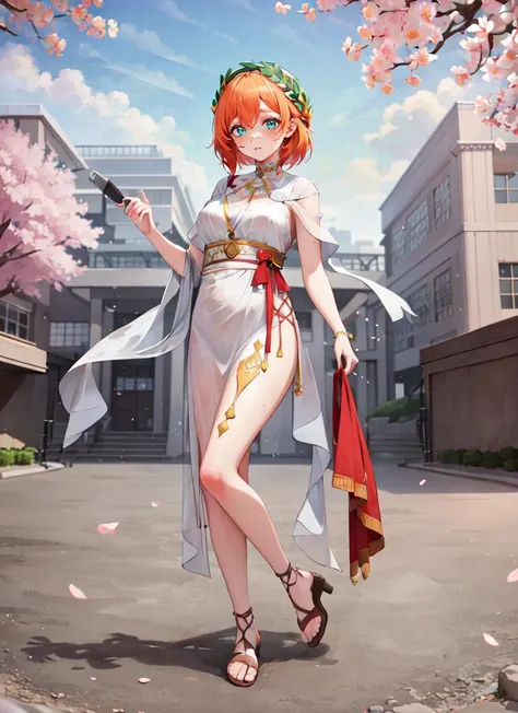 ((best quality)), ((highly detailed)), masterpiece, absurdres, (detailed eyes, deep eyes), (1girl), full body, wide shot, <lora:RomanClothes:1>, ancient roman clothes, sash, roman armor, red head, orange hair, vibrant teal eyes, ((freckles)), (body freckles), (outdoors, <lora:school_outdoors_v0.2:1>, at a school, building, trees, cherry blossoms, morning)