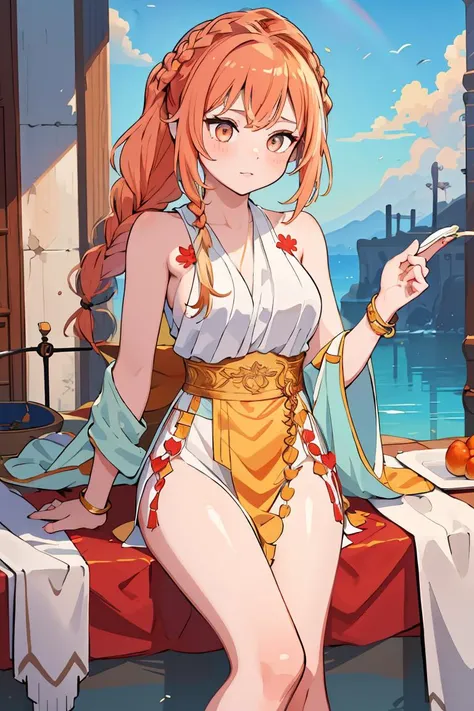(masterpiece, best quality), 1girl, Coral Side-Swept Fishtail Braid with Colored Ends, Size F breasts, <lora:RomanClothes:1> roman clothes