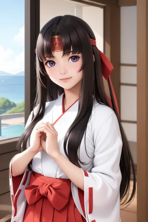 (masterpiece, best quality:1.2), <lyco:queensblade_tomoe-09:0.8>, solo, 1girl, tomoe, slight smile, looking at viewer, own hands together, headband, miko, japanese clothes, ribbon-trimmed sleeves, red hakama, hakama skirt